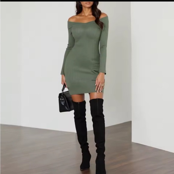 Elegant Olive Long Sleeve Off-Shoulder Dress - Picture 5 of 5